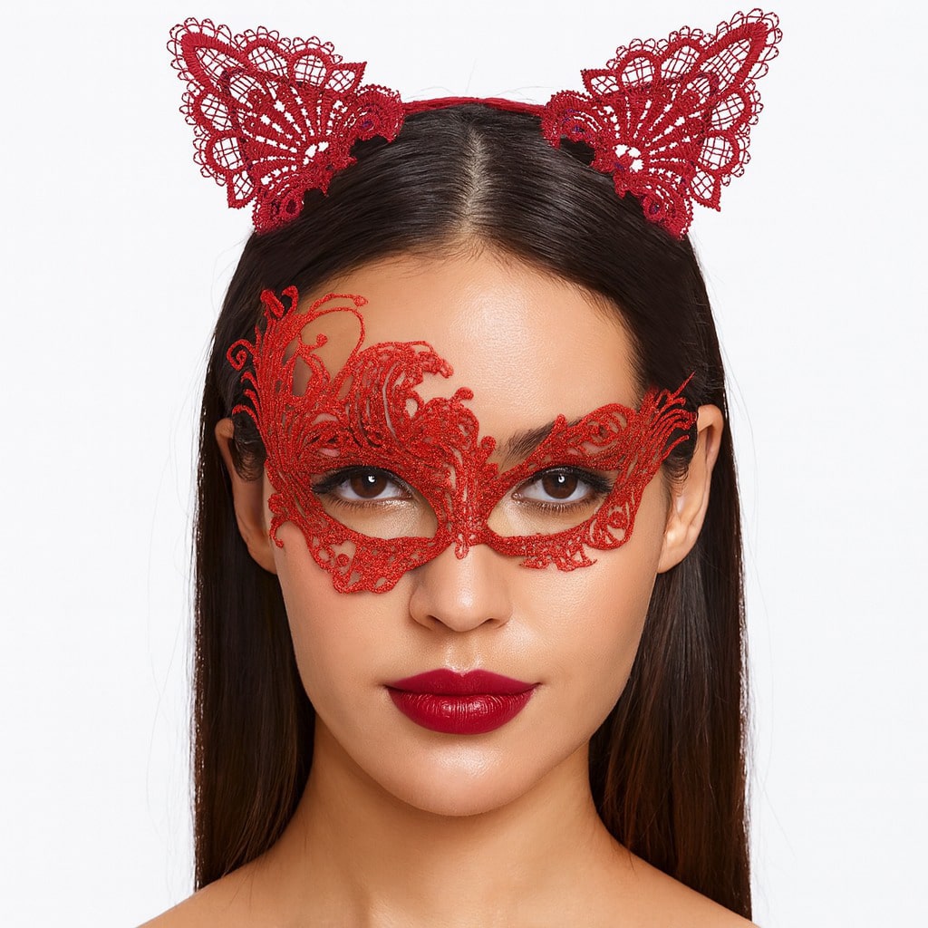 Gizemli Kirmizi Dantel Maske ve Tac Seti 1 No - Kostum Seti