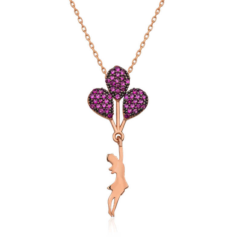 925 Ayar Gumus Rose Kirmizi Balonlu Kiz Kolye