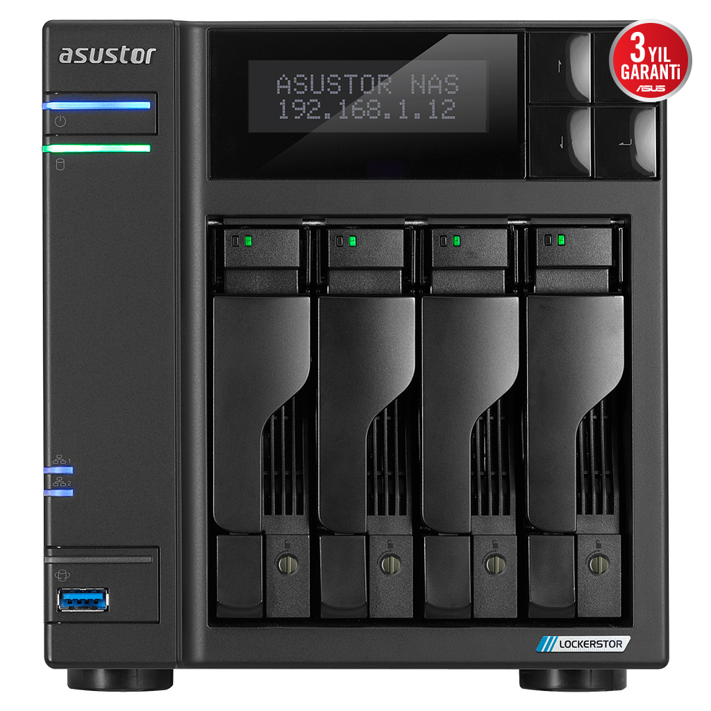 ASUSTOR AS6704T, 4Gb DDR4 Ram, 4 Yuvali (4x22TB Destek), 4xM.2, PCI-e, 2x2.5GbE Network, 2xUSB 3.2, Tower NAS (Yedekleme) Cihazi