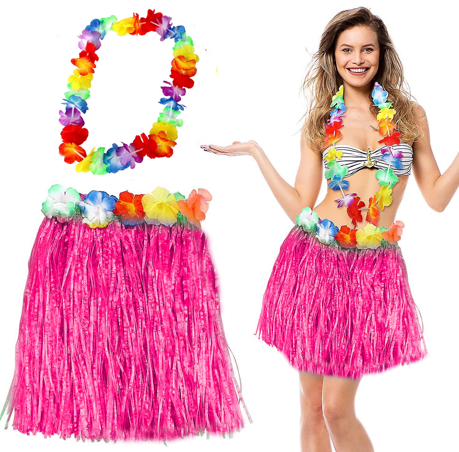 Hawaii Luau Aloha Pembe Puskullu 40 cm Etek ve Hawaii Kolye Seti