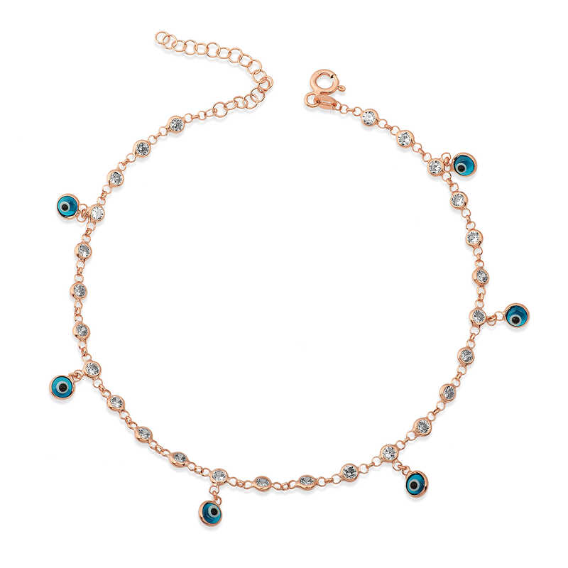 925 Ayar ​Gumus Sirali Zirkon Tasli Nazarli Rose Halhal