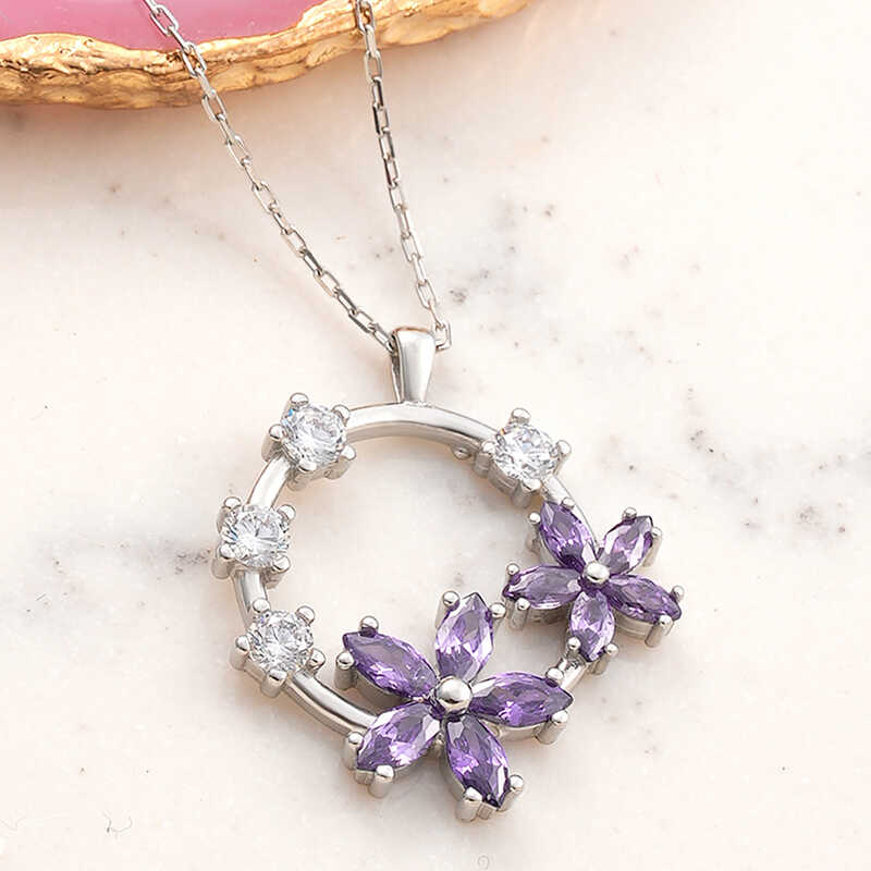 925 Ayar Gumus Mor Cicek Kadin Kolye