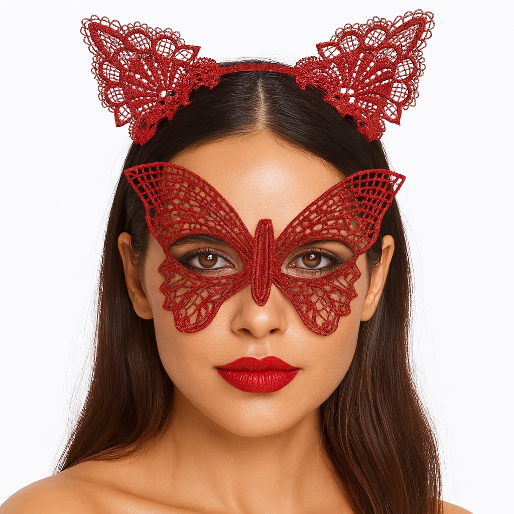 Gosterisli Kirmizi Dantel Maske ve Tac Seti 7 No