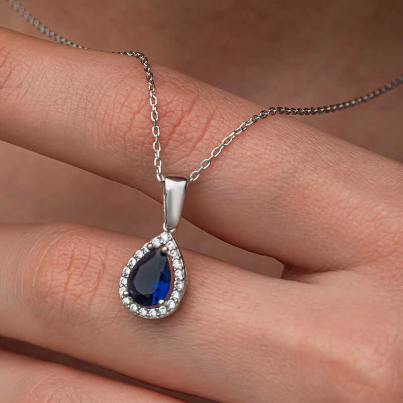 Gumus Mavi Tasli Damla Kadin Kolye