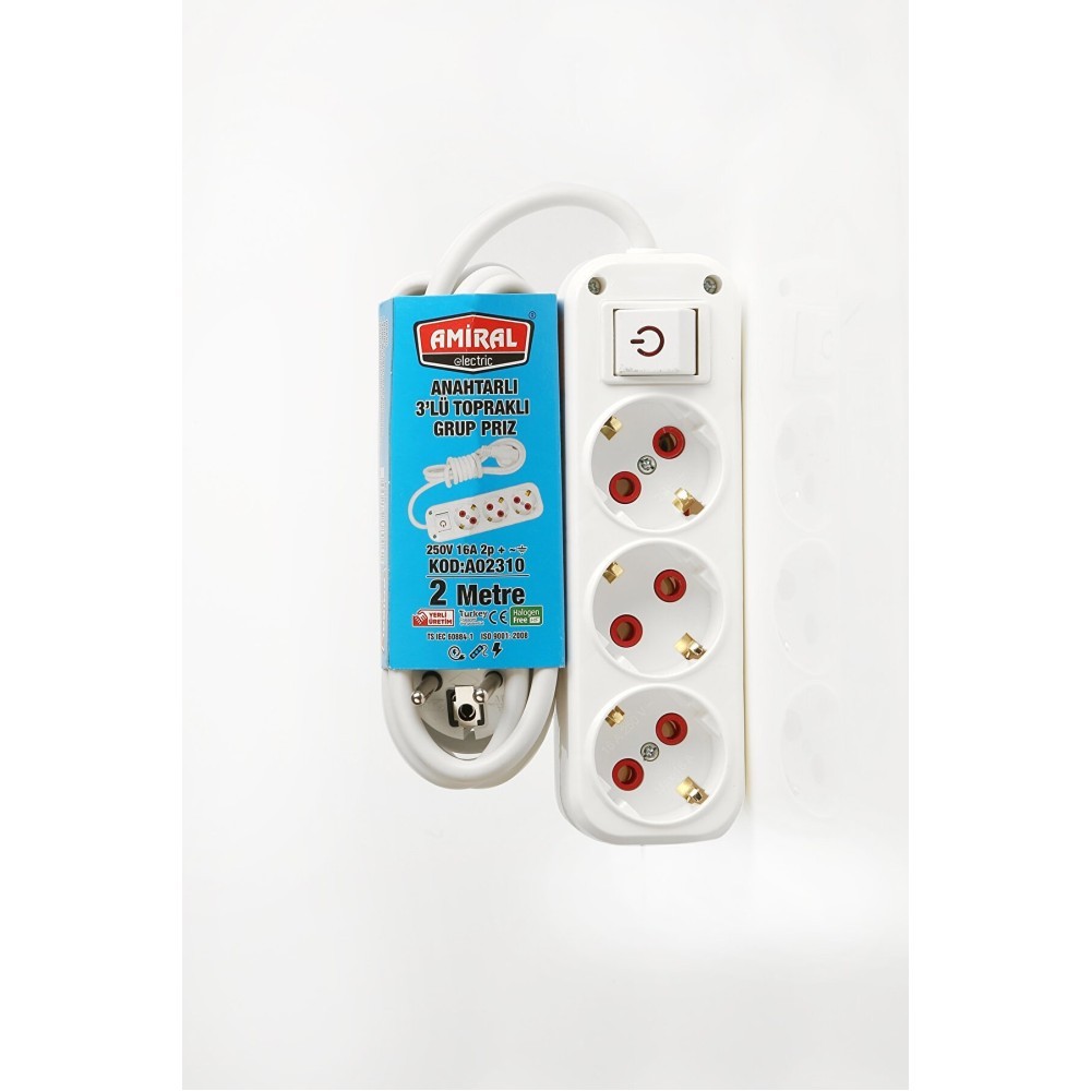 Amiral 3' lu Toprakli Anahtarli 2 Metre Kablolu Grup Priz