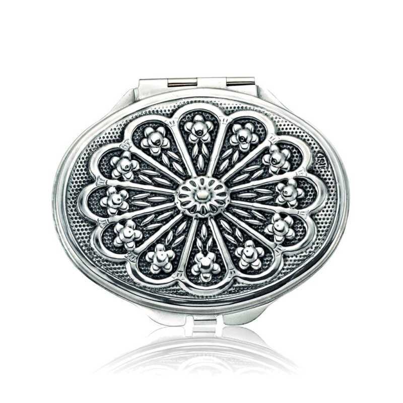 925 Ayar Gumus Papatya Motifli Kapakli Oval El Aynasi