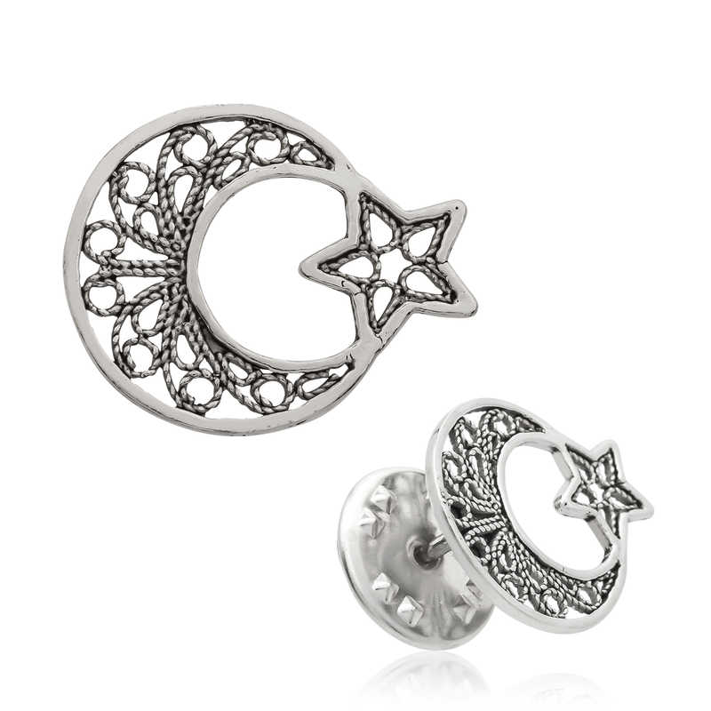 925 Ayar Gumus Telkari Ay Yildiz Rozet