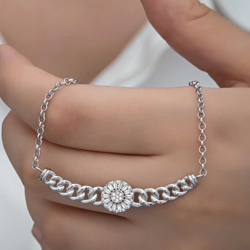 Gumus Gurmet Zincirli Yuvarlak Baget Tasli Kadin Kolye