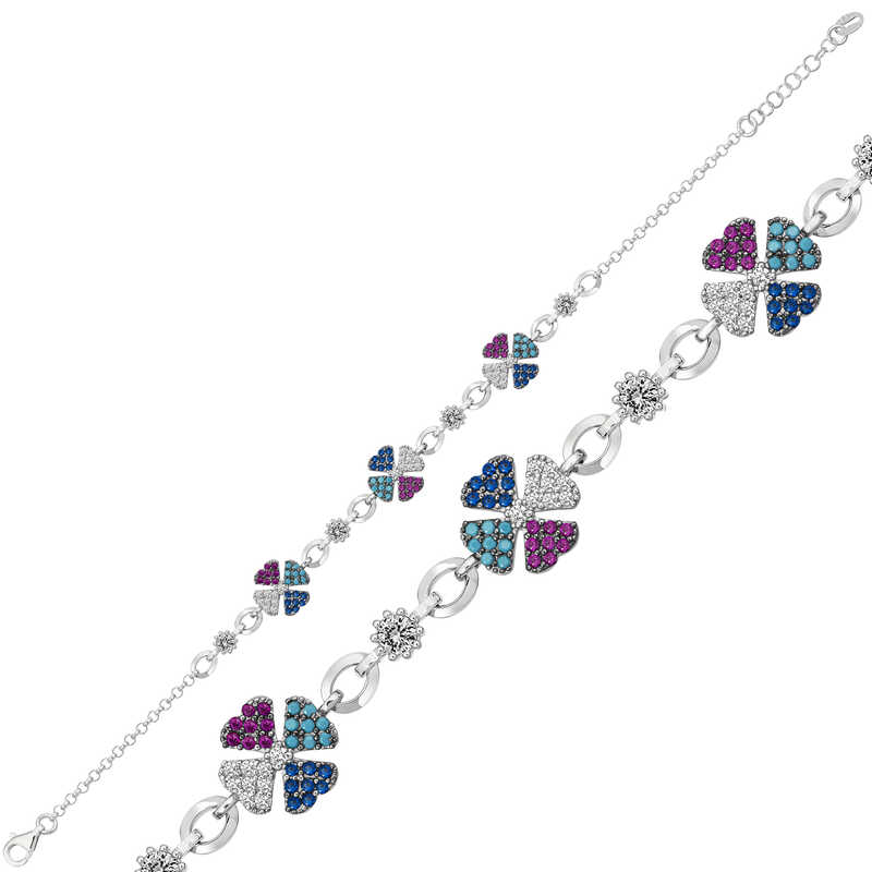 925 Ayar Gumus Yonca Renkli Bileklik