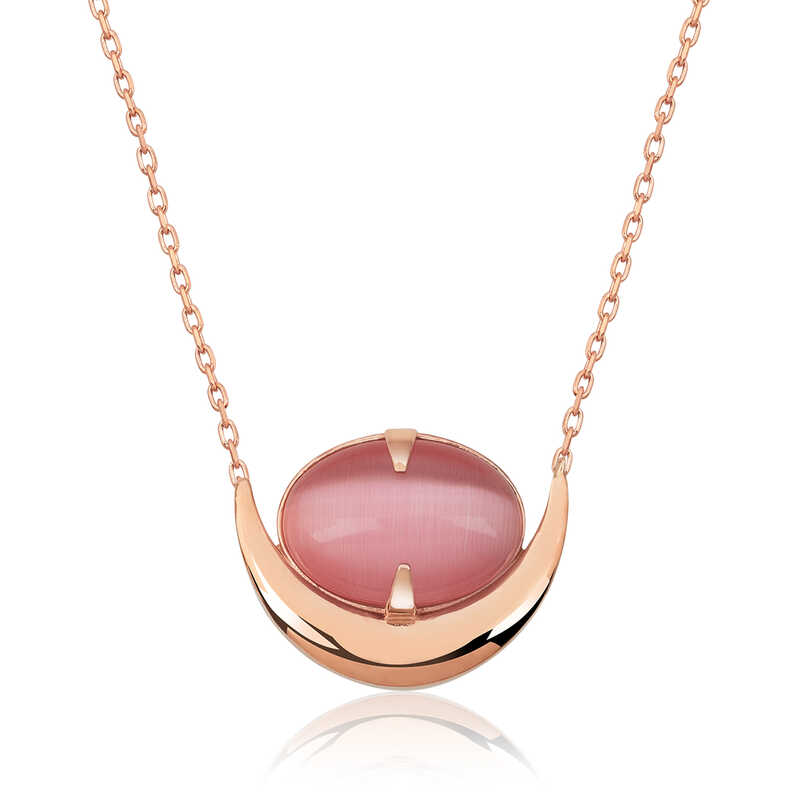 925 Ayar Gumus Pembe Kedi Gozu Tasli Hilal Kolye