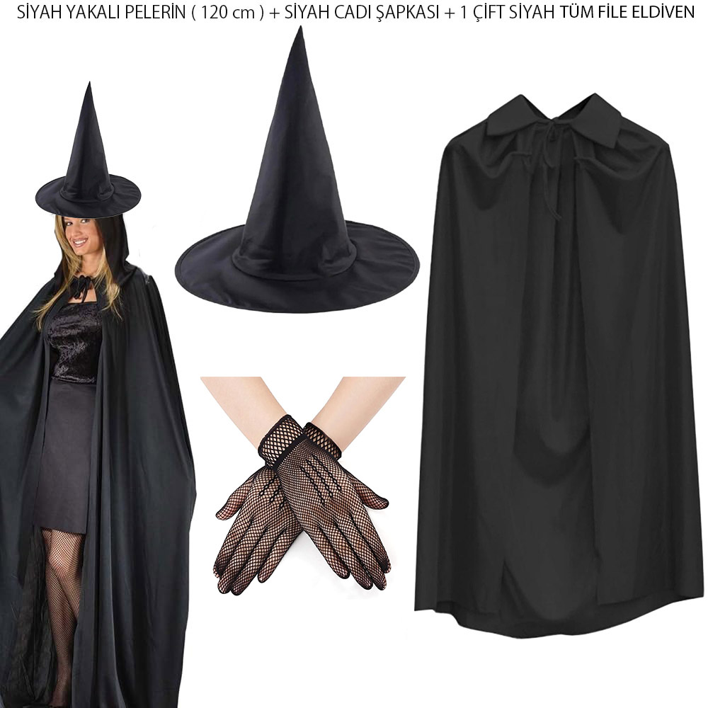 120 cm Siyah Yakali Cadi Pelerini Cadi Sapkasi ve 1 Cift Siyah Kisa File Tum Eldiven Seti 3 Parca