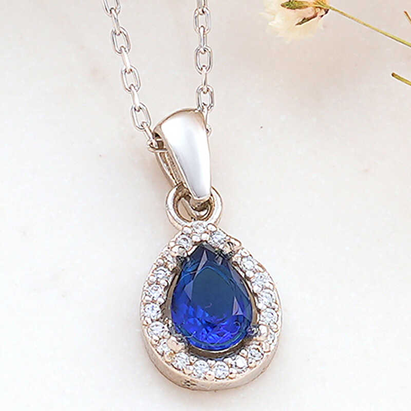 925 Ayar Gumus Mavi Damla Zirkon Tasli Kadin Kolye