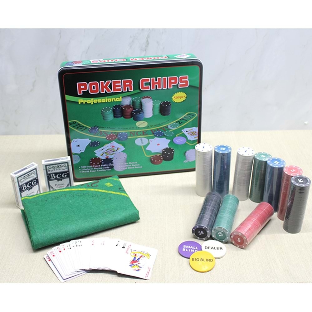 Metal Kutulu 500 Chip Ve 2 Adet Iskambil Kagit Setine Sahip Poker Oyunu