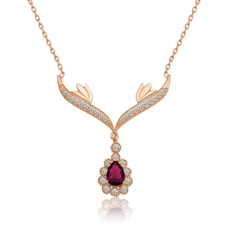 925 Ayar Gumus Rose Kirmizi Tasli Madalyon Kadin Gumus Kolye