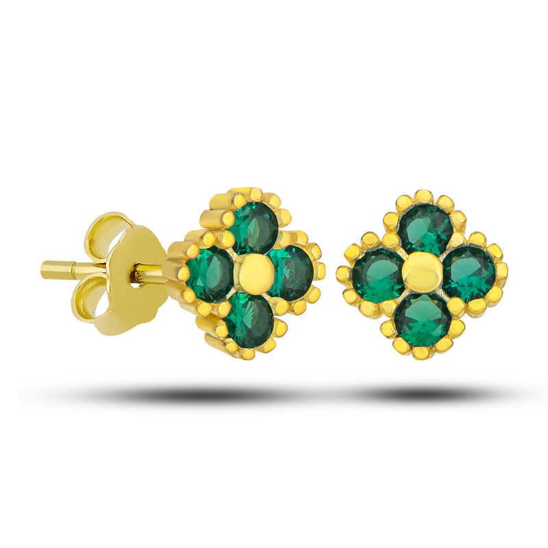 Gumus Gold Yonca Civili Yesil Tasli Cocuk Kupe