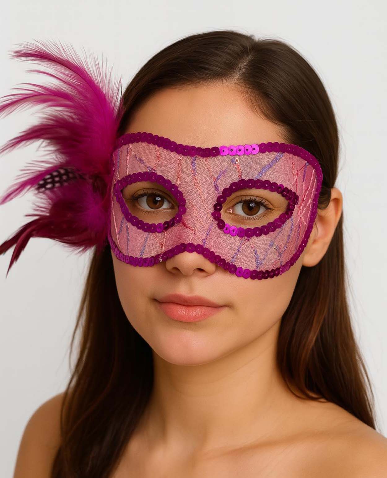 Fusya Renk Yandan Tuylu Pul Payet Islemeli Parti Maskesi 23x12 cm