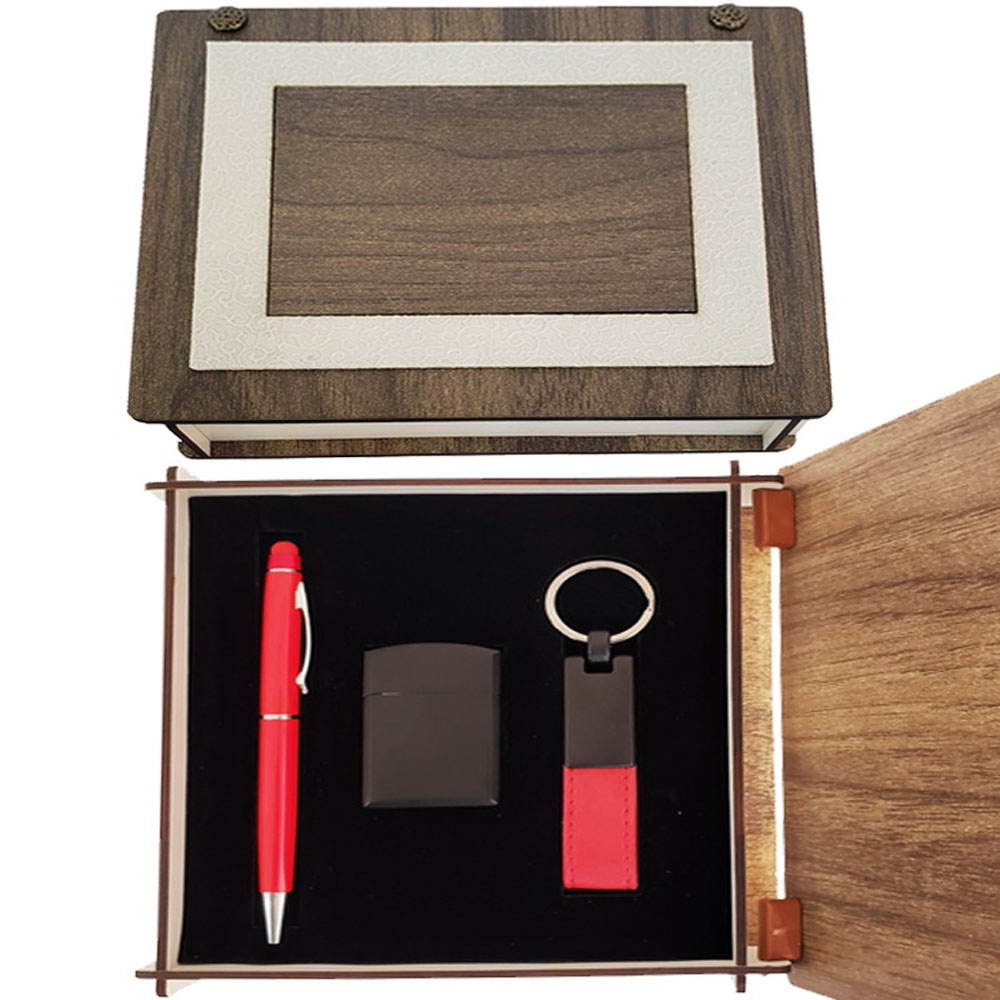 Ahsap Kutulu Kirmizi Kalem Anahtarlik ve Cakmak Set