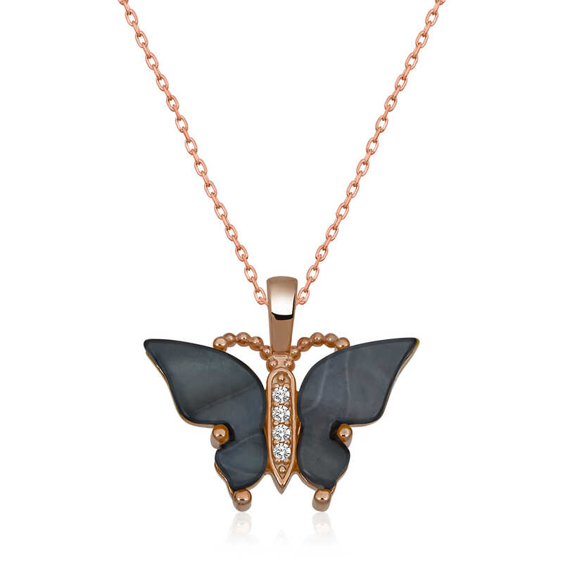 Gumus Rose Antrasit Kaplangozu Tasli Kelebek Kolye