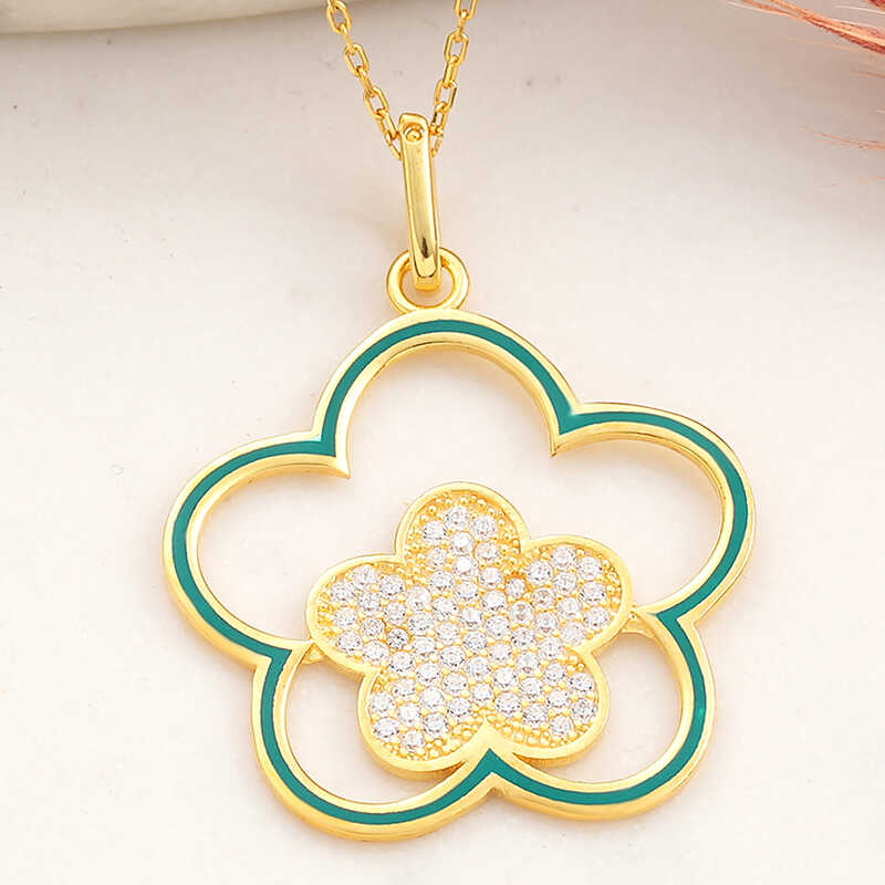 925 Ayar ​Gumus Gold Cicek Desenli Kadin Kolye