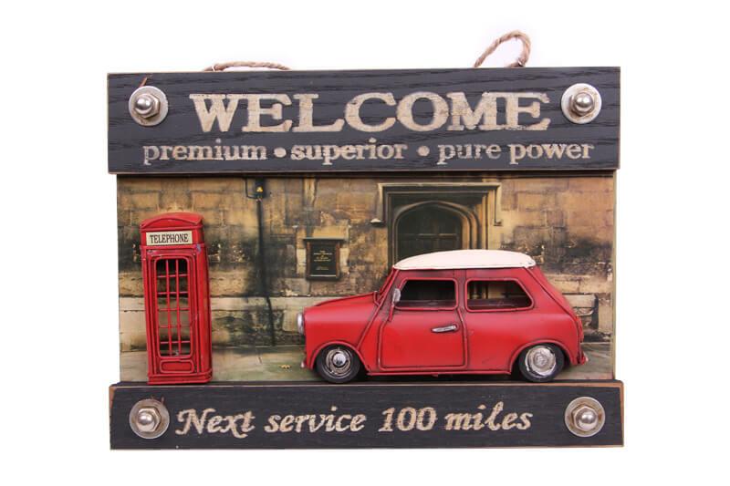 Dekoratif Metal Kapi Yazisi Araba ve Telefon Kulubesi Dekorlu