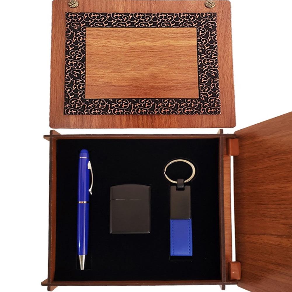 Ahsap Kutulu Mavi Kalem Anahtarlik Cakmak Set Hediyelik