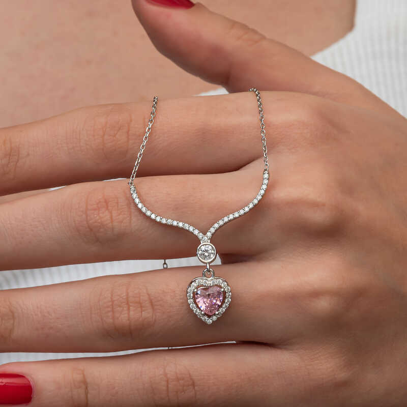 Gumus Pembe Zirkon Tasli Kalp Kadin Kolye