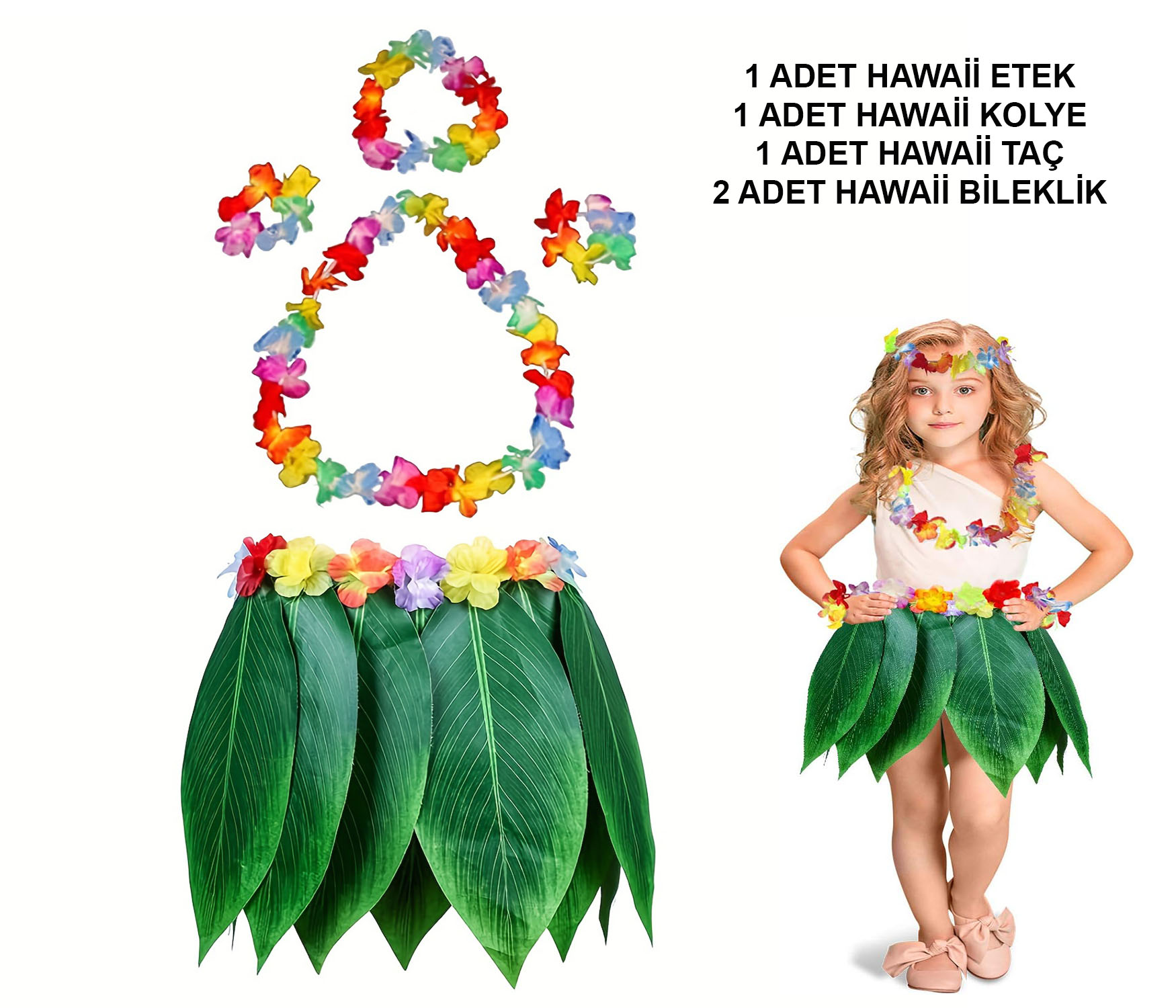 Cocuk Hawaii Kostum Seti - Yaprak Etek Hawaii Set - 5 Parca