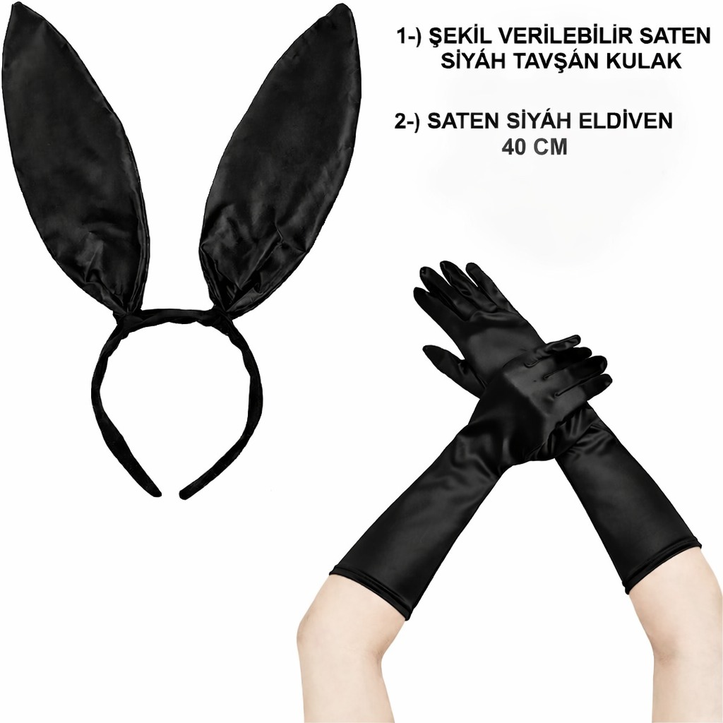 Siyah Parlak Tavsan Kulak ve 40 cm Parlak Siyah Eldiven Kostum Seti