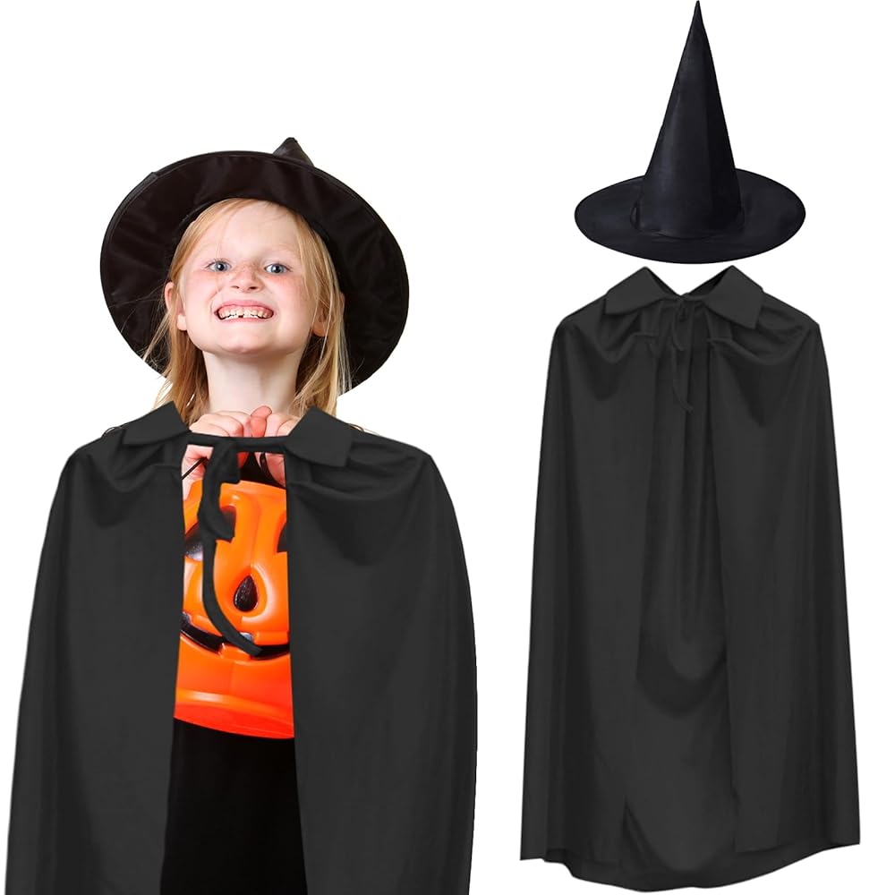 90 cm Siyah Yakali Pelerin ve Siyah Cadi Sapkasi Kostum Seti