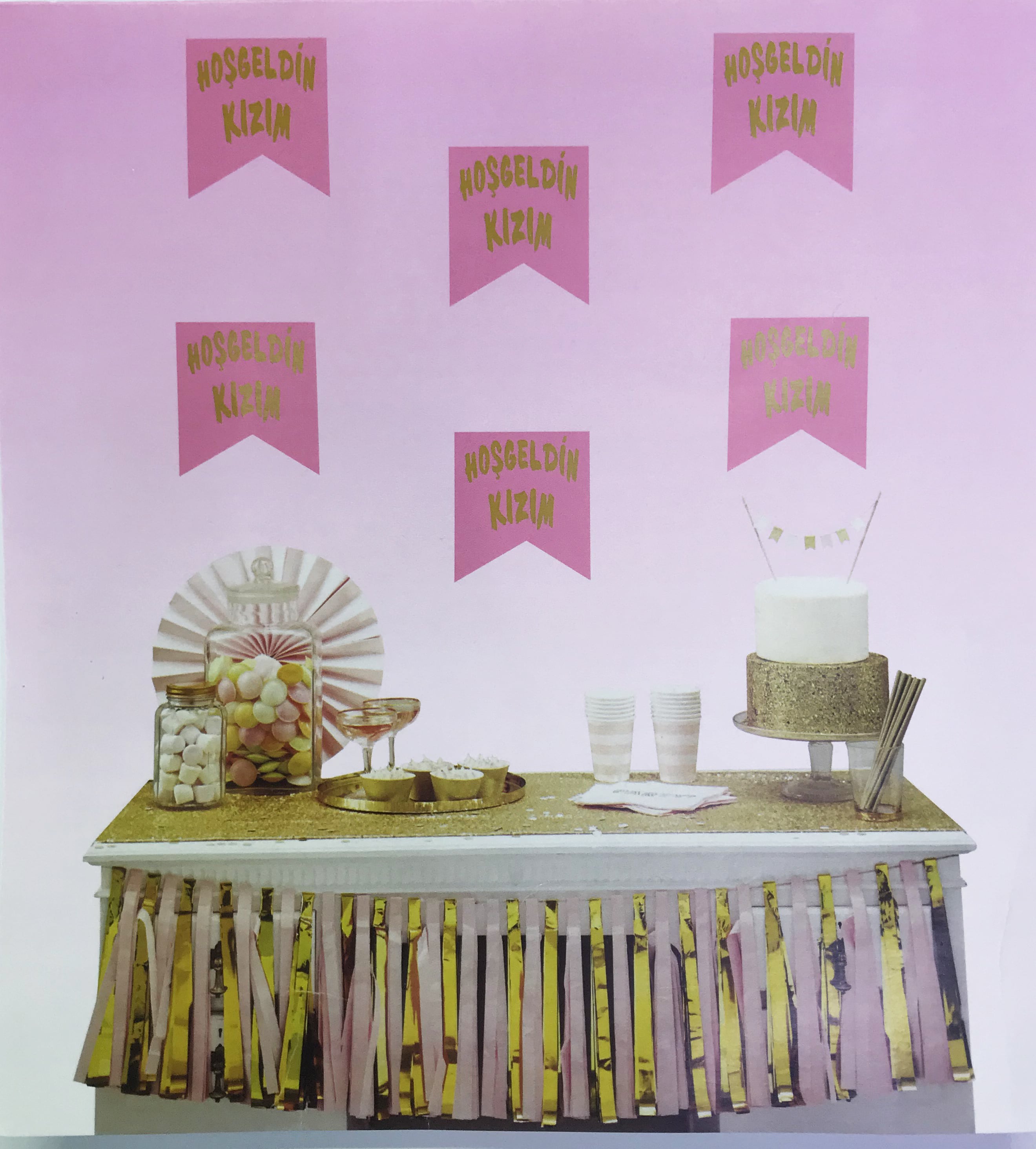 Parti Malzemeleri Pembe Uzeri Altin Hosgeldin Kizim Flama Sus