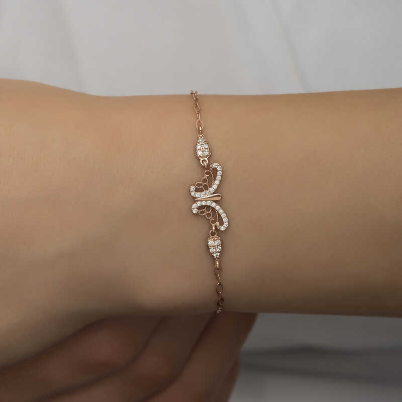 ​925 Ayar Gumus Rose Kelebek Kadin Bileklik