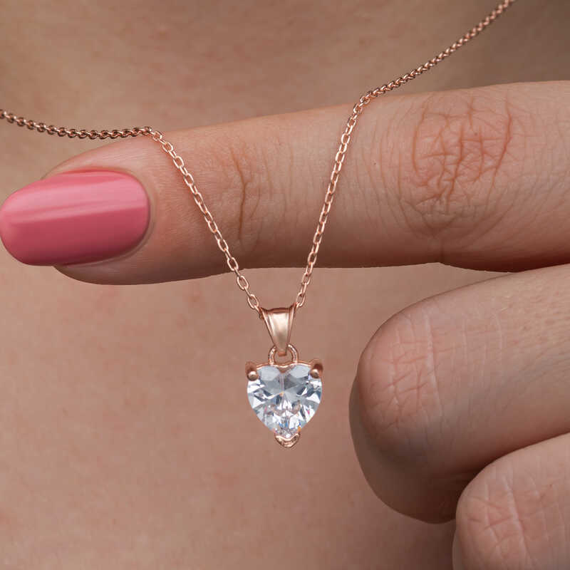 925 Ayar Gumus Rose Beyaz Tasli Kalpli Kadin Kolye
