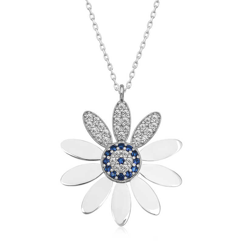 925 Ayar Gumus Nazarli Papatya Kadin Gumus Kolye