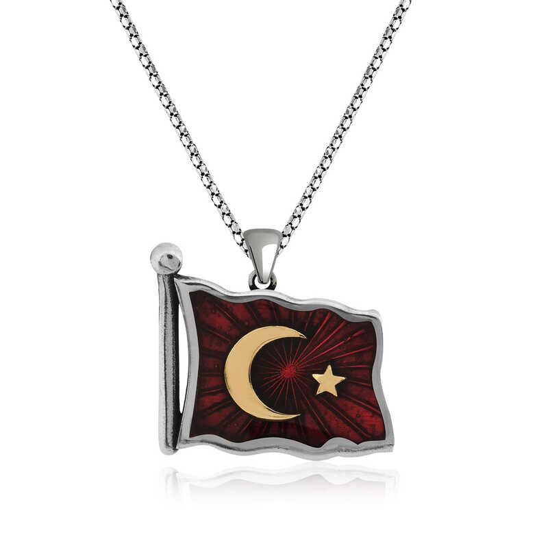 925 Ayar Gumus Turk Bayragi Gumus Kolye