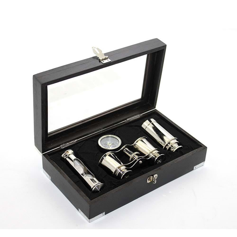 Ahsap Kutulu Pirinc Durbun Pusula Ve Kumsaati Seti