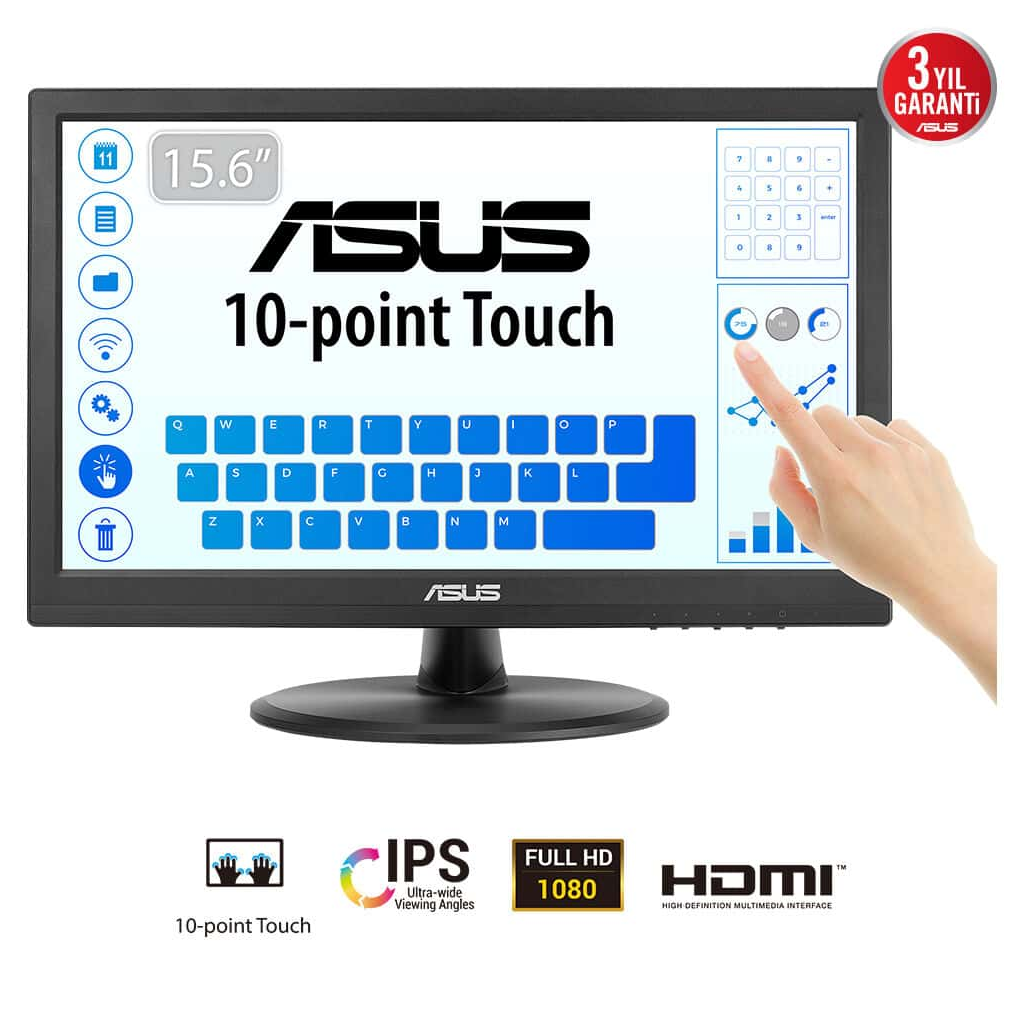ASUS VT169HE 15.6" 5ms, 60Hz, Dokunmatik, HDMI, D-Sub, Dusuk Mavi Isik, FreeSync, IPS Panel Monitor
