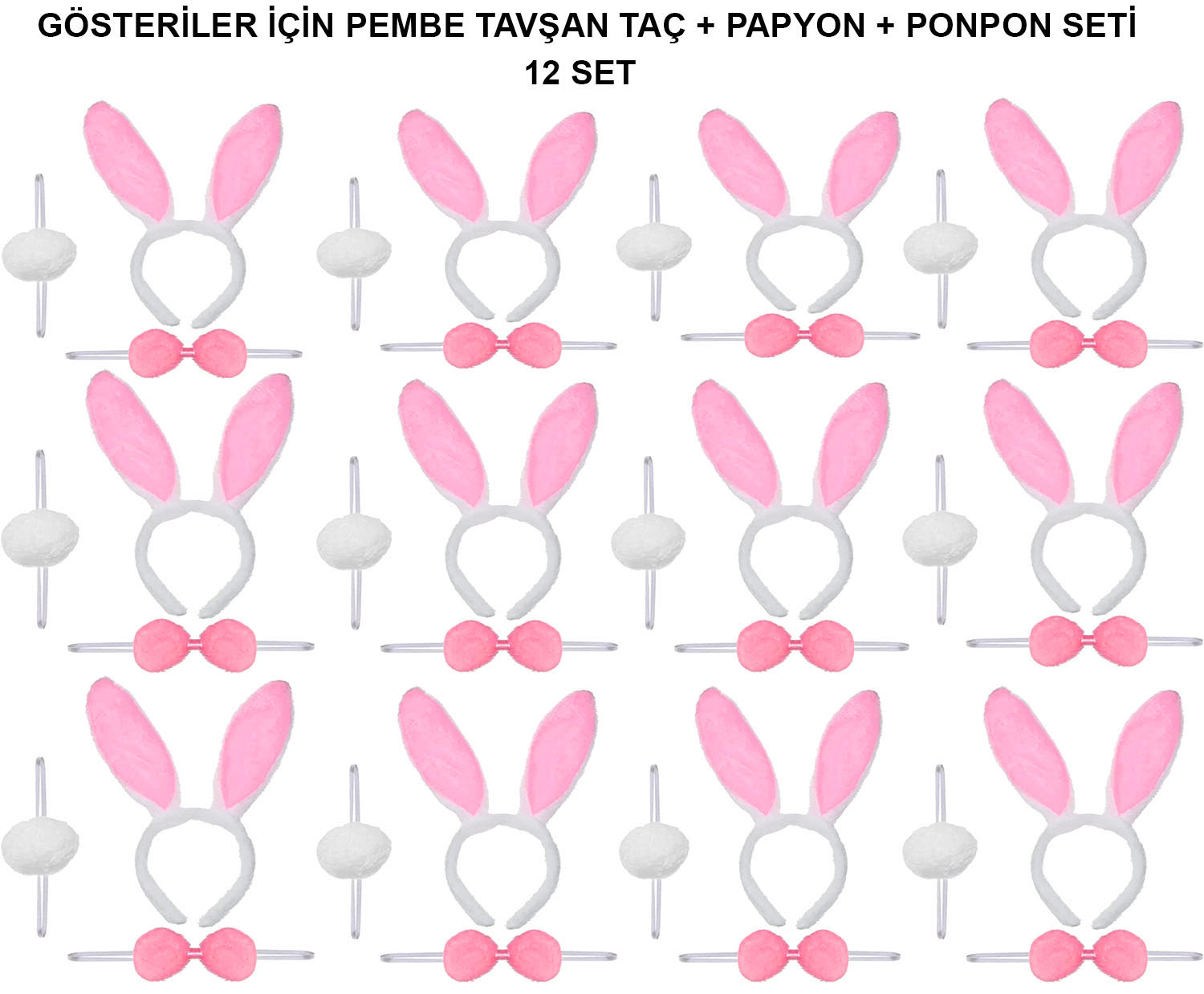 Pembe Tavsan Kostum Seti – Tac, Papyon, Ponpon (12’li Paket)