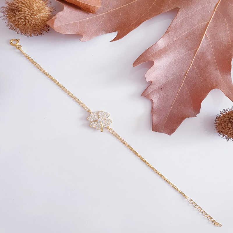 925 Ayar Gumus Gold Kalpli Yonca Kadin Bileklik