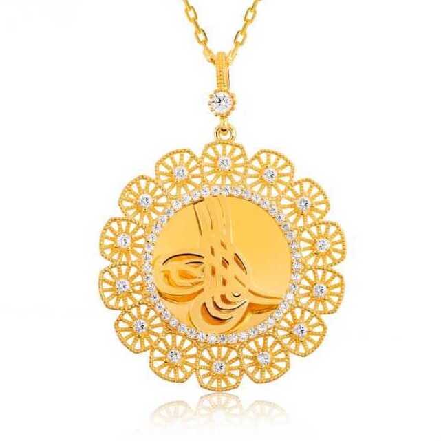 925 Ayar Gumus Tugrali Altin Kaplama Kadin Gumus Kolye