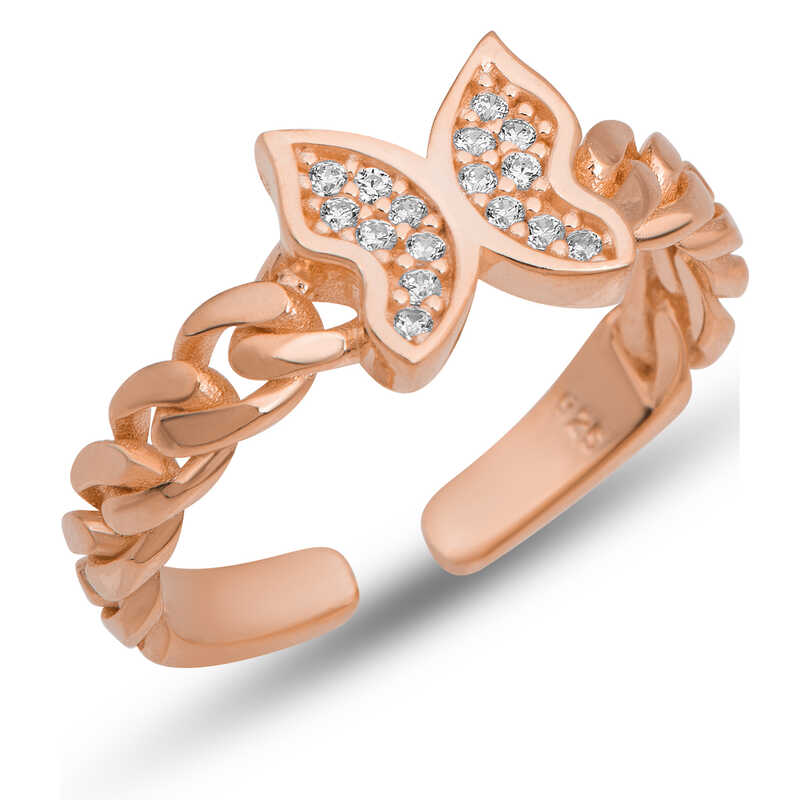 Gumus Ayarlanabilir Rose Kelebek Kadin Yuzuk